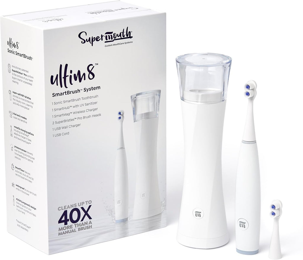 SuperMouth® ULTIM8 SmartBrush™ System - Electric Toothbrush, Patented SuperBristles® Clean 40X Better, UV Sanitizing & Drying SmartHub®, Dual Sonic Modes, Pressure Sensor - Teens & Adults