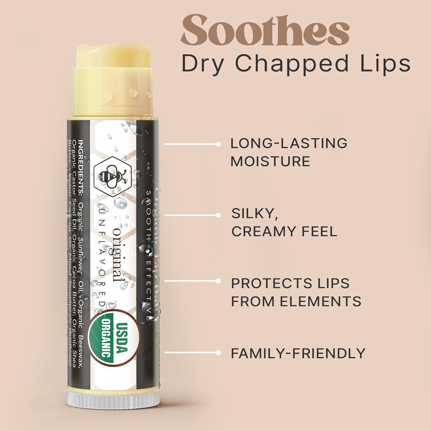USDA Organic Lip Balm - USA Made with Natural Ingredients, Mens Stocking Stuffers, 4 Pack Unflavored Chapstick for Dry Lips, Beauty Birthday Gifts for Her & Him, Lip Moisturizer, Gift Ideas