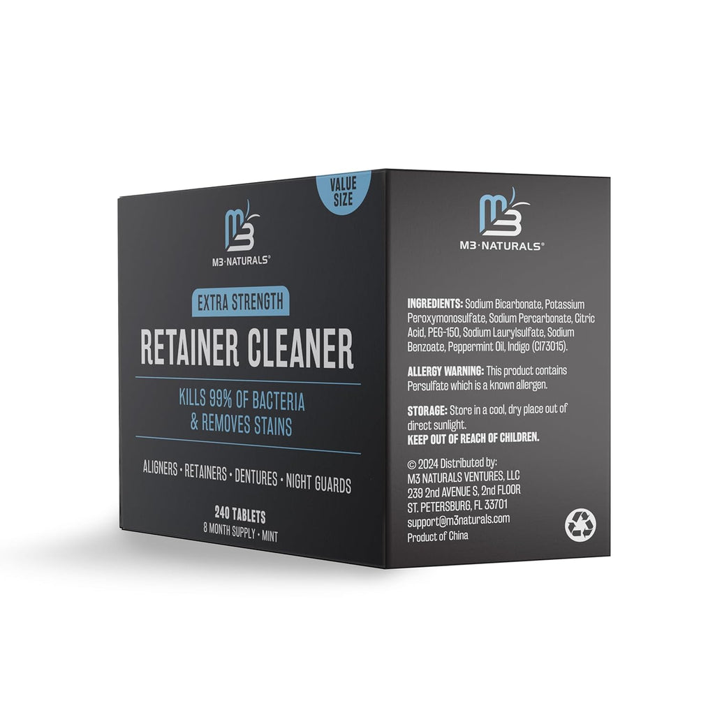 Retainer and Denture Cleansers 240 Tablets Removes Bad Odors Discoloration Stains Plaque for Cleaning Invisalign Mouth Guard Night Guard and Removable Dental Appliances by M3 Naturals