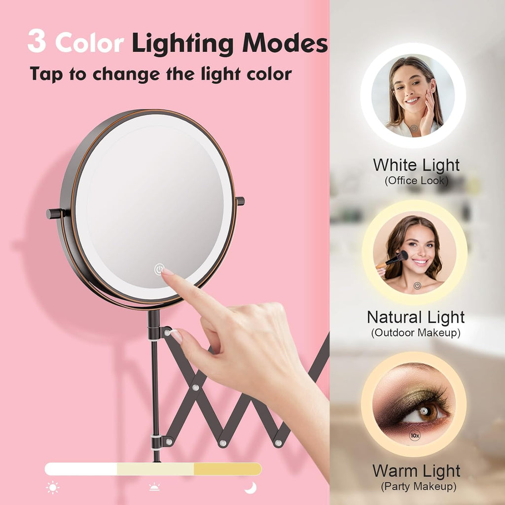 Rechargeable Wall Mounted Makeup Mirror - 8 Inch Double Sided 1X/10X Magnifying Mirror with 3 Color Lights Dimmable Touch Screen, 360°Swivel 19.6 Inch Extendable Accordion Bathroom Mirror