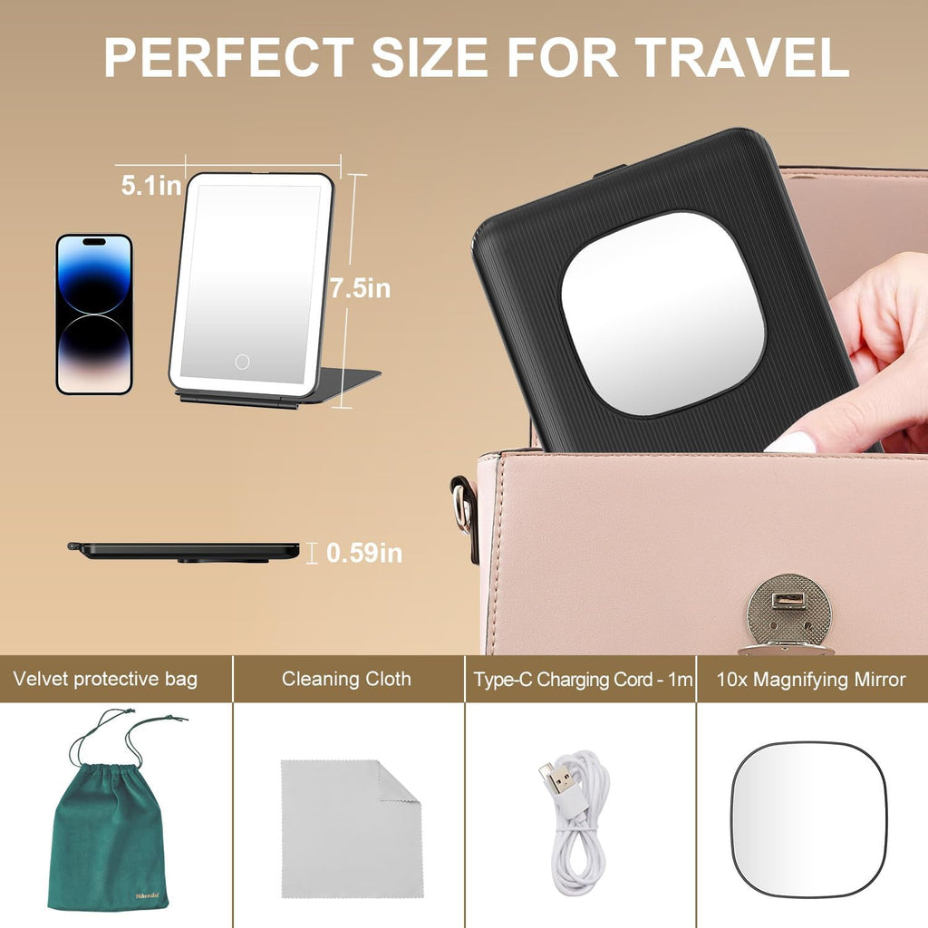 Mocado LED Foldable Travel Makeup Mirror - 5x7 inches 3 Colors Light Modes USB Rechargeable Touch Screen, Portable Tabletop Cosmetic Mirror for Travel, Cosmetic, Office (Black)