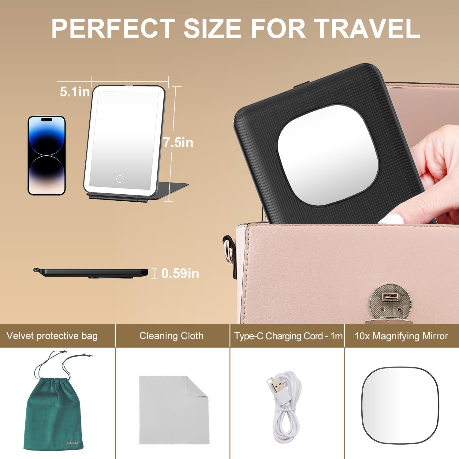 Mocado LED Foldable Travel Makeup Mirror - 5x7 inches 3 Colors Light Modes USB Rechargeable Touch Screen, Portable Tabletop Cosmetic Mirror for Travel, Cosmetic, Office (Black)