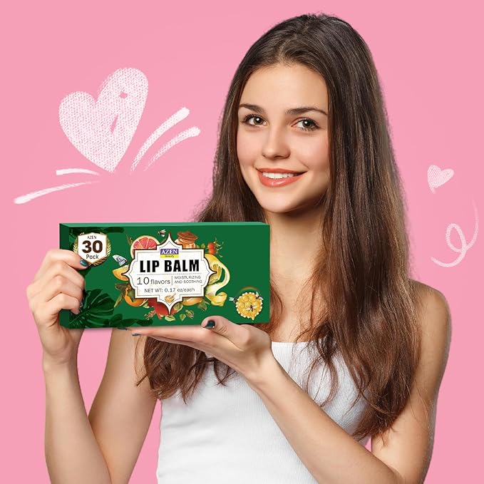 AZEN 30 Pack Lip Balm, Natural Lip Balm Bulk, Lip Care Product, Moisturizing Lip Balms for dry cracked lips - 10 Flavors