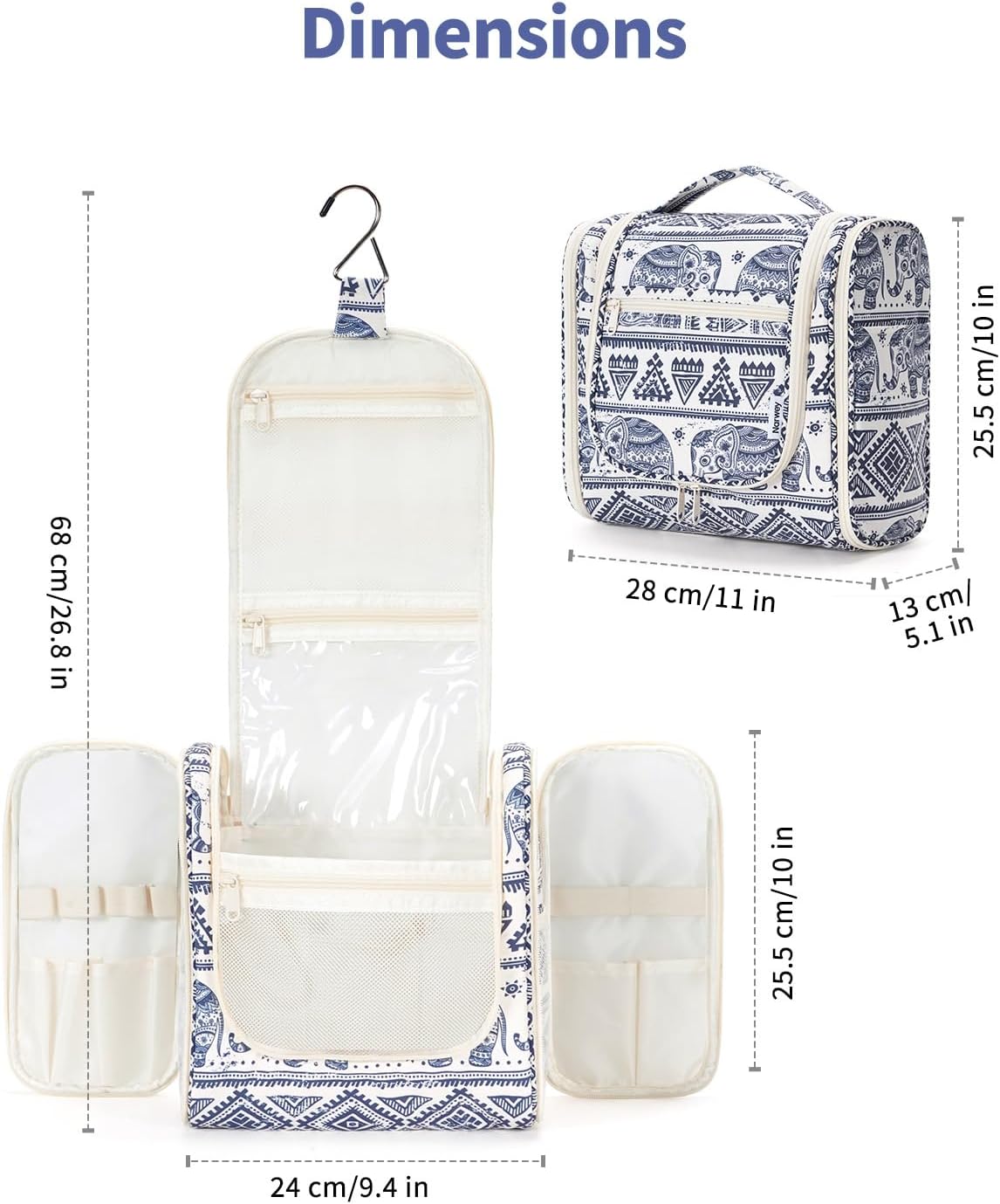 Narwey Hanging Toiletry Bag for Women Travel Makeup Bag Organizer Toiletries Bag for Cosmetics Essentials Accessories (Large, Elephant)