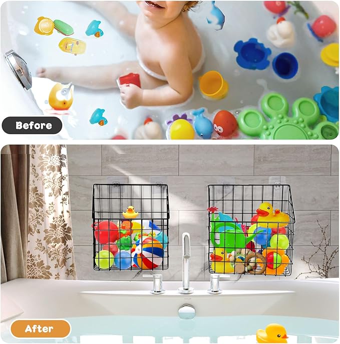 2 Pack Bath Toy Storage Organizer Basket, Large Metal Bathtub Toy Holder, Wall Mounted Hanging Shower Basket, Bath Toy Organizer For Bathtub for Easy Access and Sorting Toys/Clothes/Toiletries
