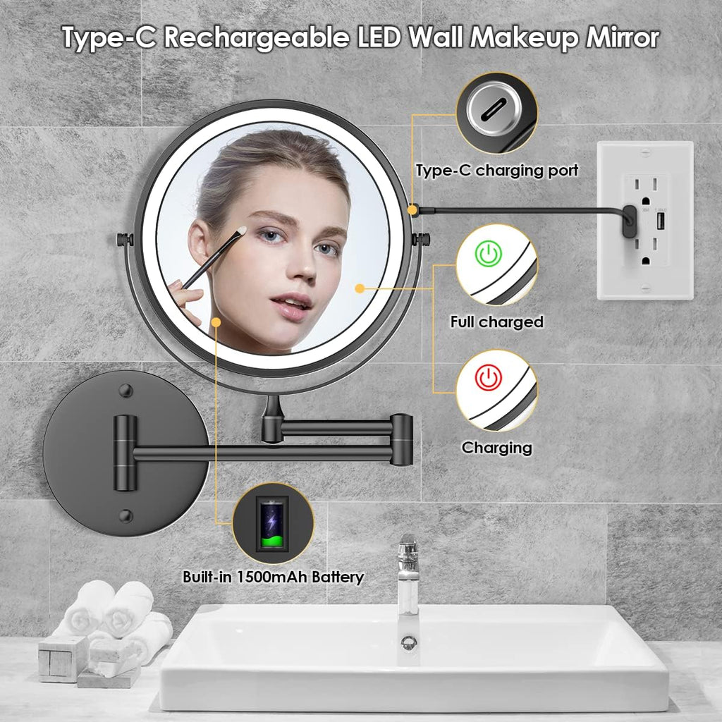 Rocollos Rechargeable Wall Mounted Lighted Makeup Mirror, 8 Inch Double-Sided LED Vanity Mirror 1X/10X Magnification,3 Color Lights Touch Screen Dimmable 360°Swivel 13 Inch Extendable