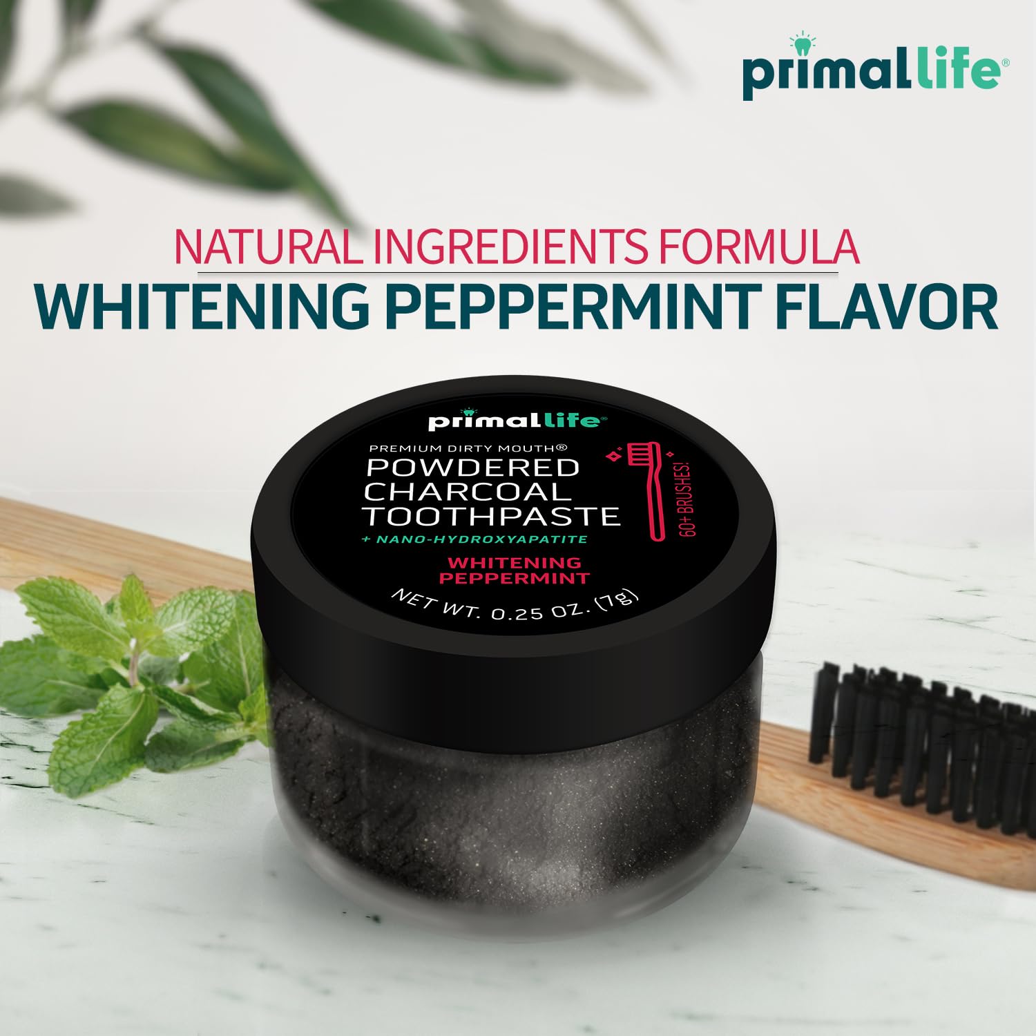 Primal Life Organics -Dirty Mouth Toothpowder, Activated Charcoal Tooth Cleaning Powder, Essential Oils, Hydroxyapatite, Kaolin, Bentonite Clay, 60+ Brushings, Organic, Vegan Black Peppermint 0.25oz