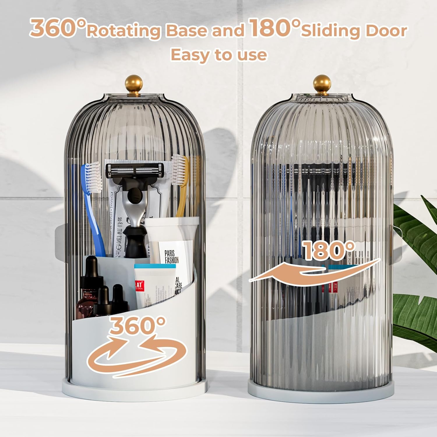 Toothbrush Holders with Sliding Lid for Bathroom Counter Organizer, Tooth Brush Toothpaste Holder for Bathroom Vanity Makeup Brushes Holder -Grey