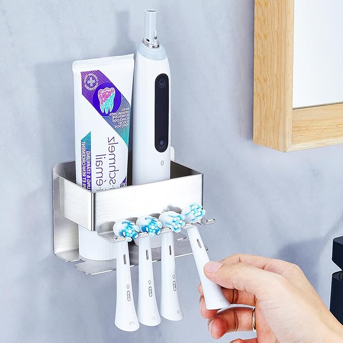 Toothbrush Head Holders, Electric Tooth Brush Head Holder, Adhesive Toothpaste Holder for Shower Bathrooms, Wall Mounted Tooth Brushing Holder Organizer Storage (Silver, Small)
