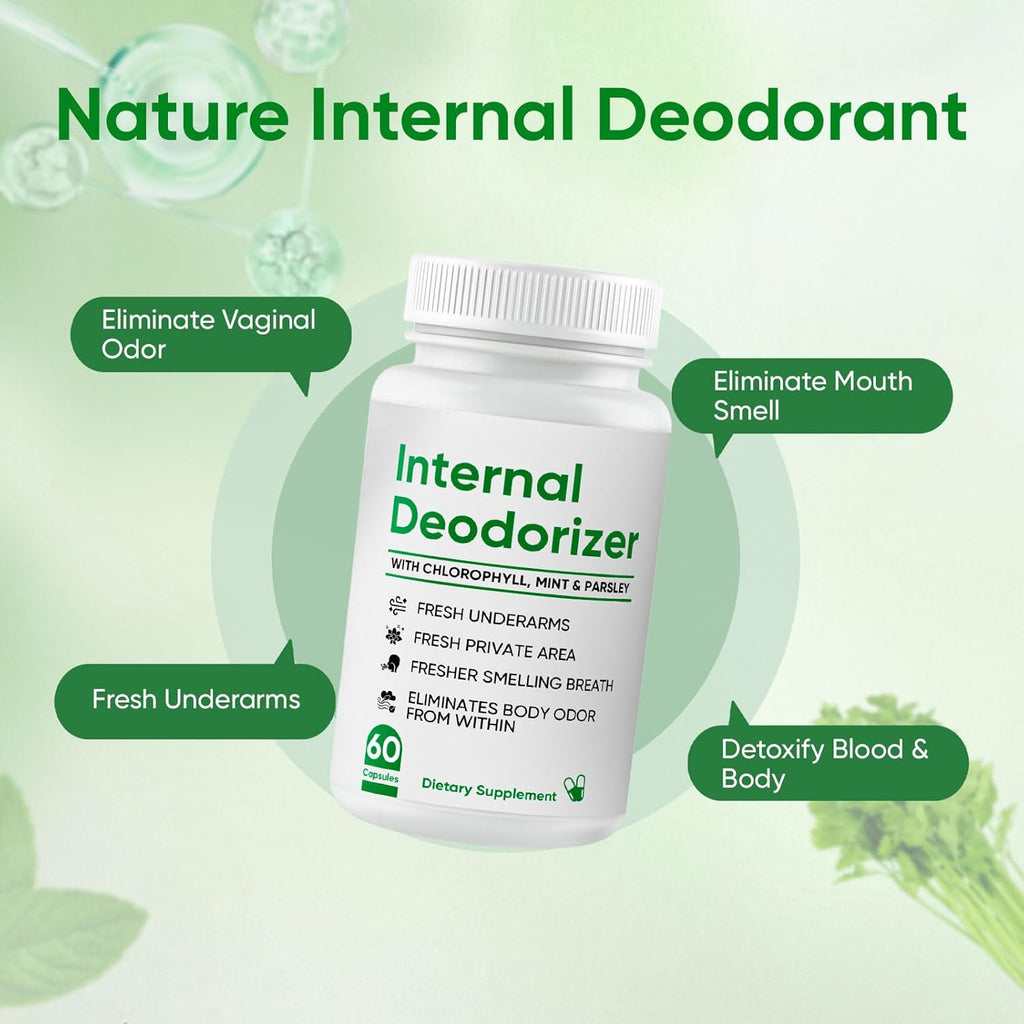 Internal Deodorizer - Breath Freshening, Body Deodorizing Supplement with Chlorophyll, Mint & Parsley, Chlorophyll Deodorant Capsules for Body Odor, Bad Breath, 60 Count
