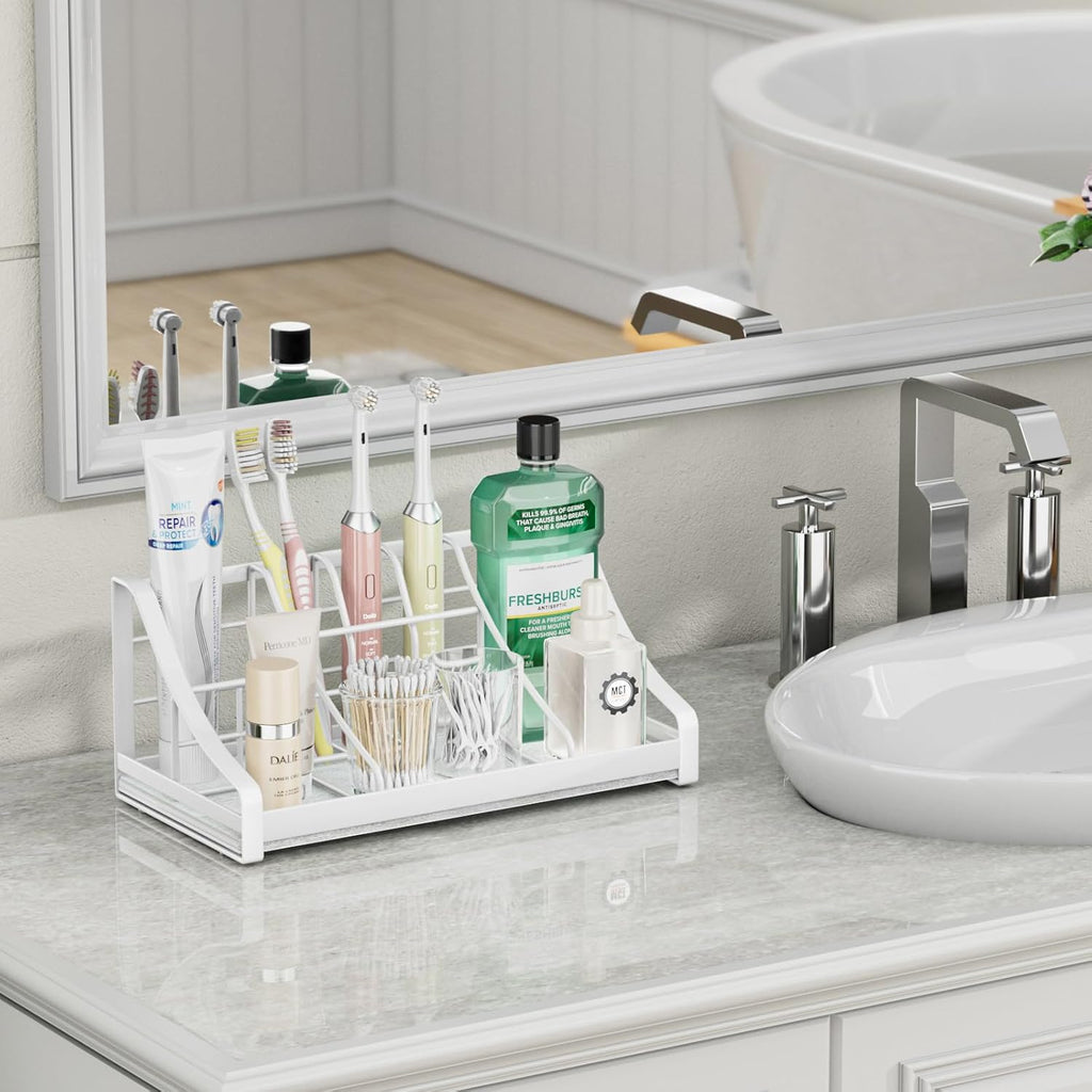 Toothbrush Holder Instant-Dry Organizer - Bathroom Countertop Organizer Kids Electric Toothbrush Toothpaste Holders - 7 Slots Bathroom Sink Accessories Storage Tooth Brush Counter Organization, White