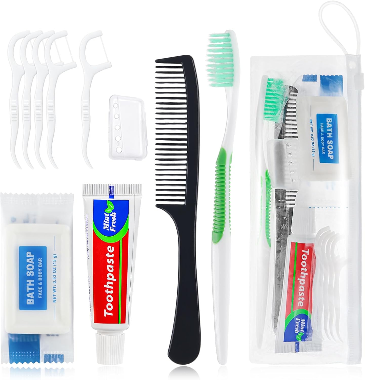 10 Set Personal Care Travel Toiletries Sets Bulk,7-in-1 Disposable Toothbrushes with Toothpaste and Floss,Comb,Soap,Cover,Zip Bag Toiletry Travel Toothbrush Kit for Homeless,Hotel,Charity