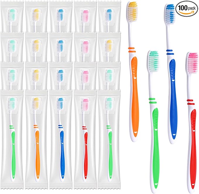 100 Pack Bulk Toothbrush Package with Covers Premium Quality Individually Wrapped Tooth Brushes, Soft Bristle Toothbrushes for Adults & kids, Hygienic Cap for Donations, Travel, Hotels, Homeless