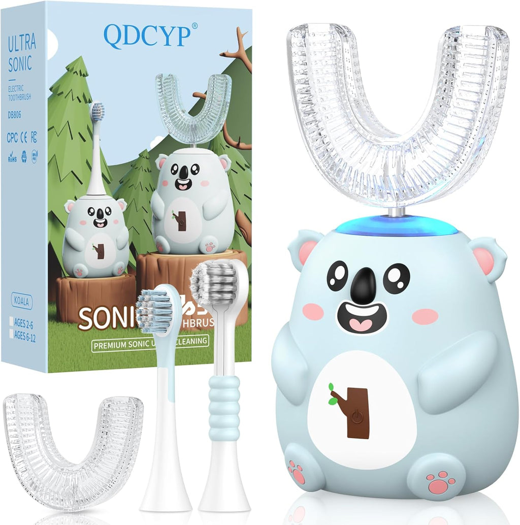 Kids U Shaped Electric Toothbrush, Automatic 360° Sonic Cleaning, 6 Modes, 4 Brush Heads, Cute Cartoon Koala Design (2-6 Age (Grey Blue))