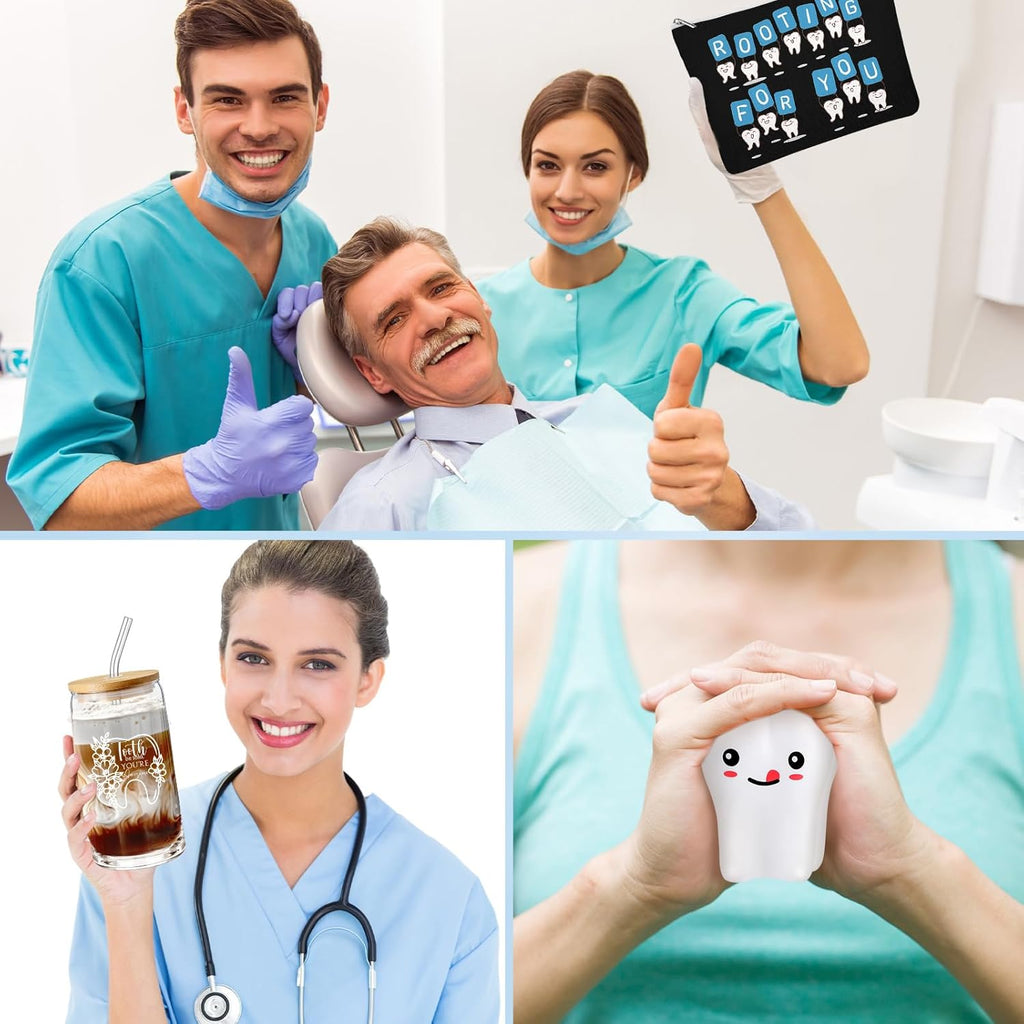 Sliner 3 Pcs Dental Nurse Gifts Dental Hygienist Gift 16 oz Glass Cups Makeup Bag Teeth Stress Toy for Women Coworkers Nurse Assistant Retirement Graduation Birthday Christmas Dentist Gift(Black)