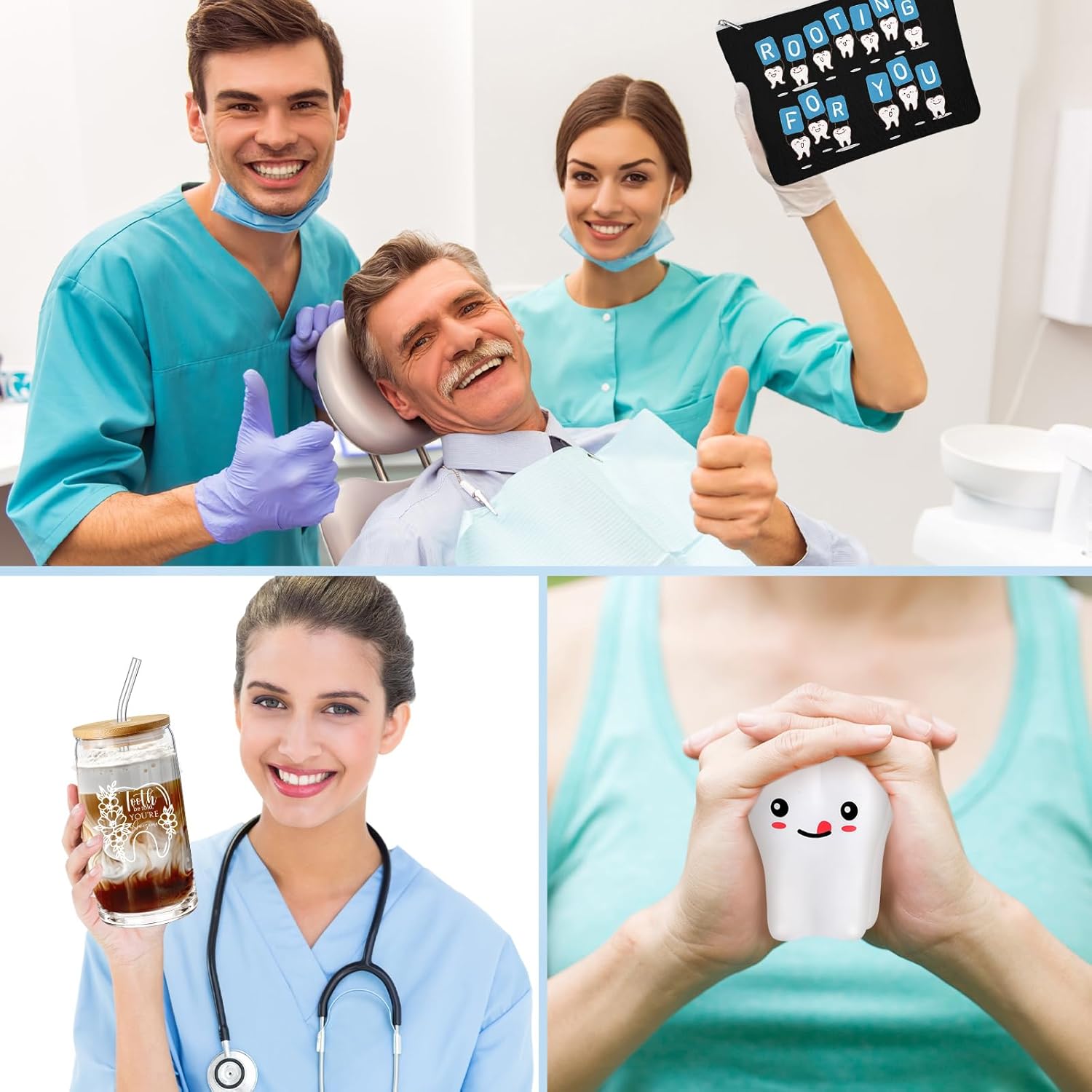 Sliner 3 Pcs Dental Nurse Gifts Dental Hygienist Gift 16 oz Glass Cups Makeup Bag Teeth Stress Toy for Women Coworkers Nurse Assistant Retirement Graduation Birthday Christmas Dentist Gift(Black)