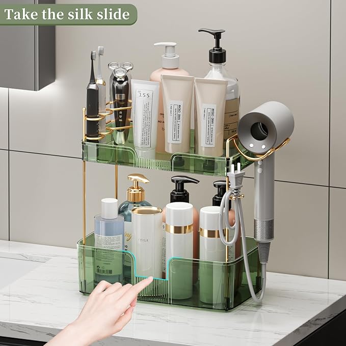 YCIA&DONE Luxury Bathroom Counter Organizer, Large Makeup Organizer Countertop, Shelf Organizer, Vanity Tray, Easily Assemble for Bathroom Organizers and Storage, Undersink, Cabinet, 2 Tiers Green