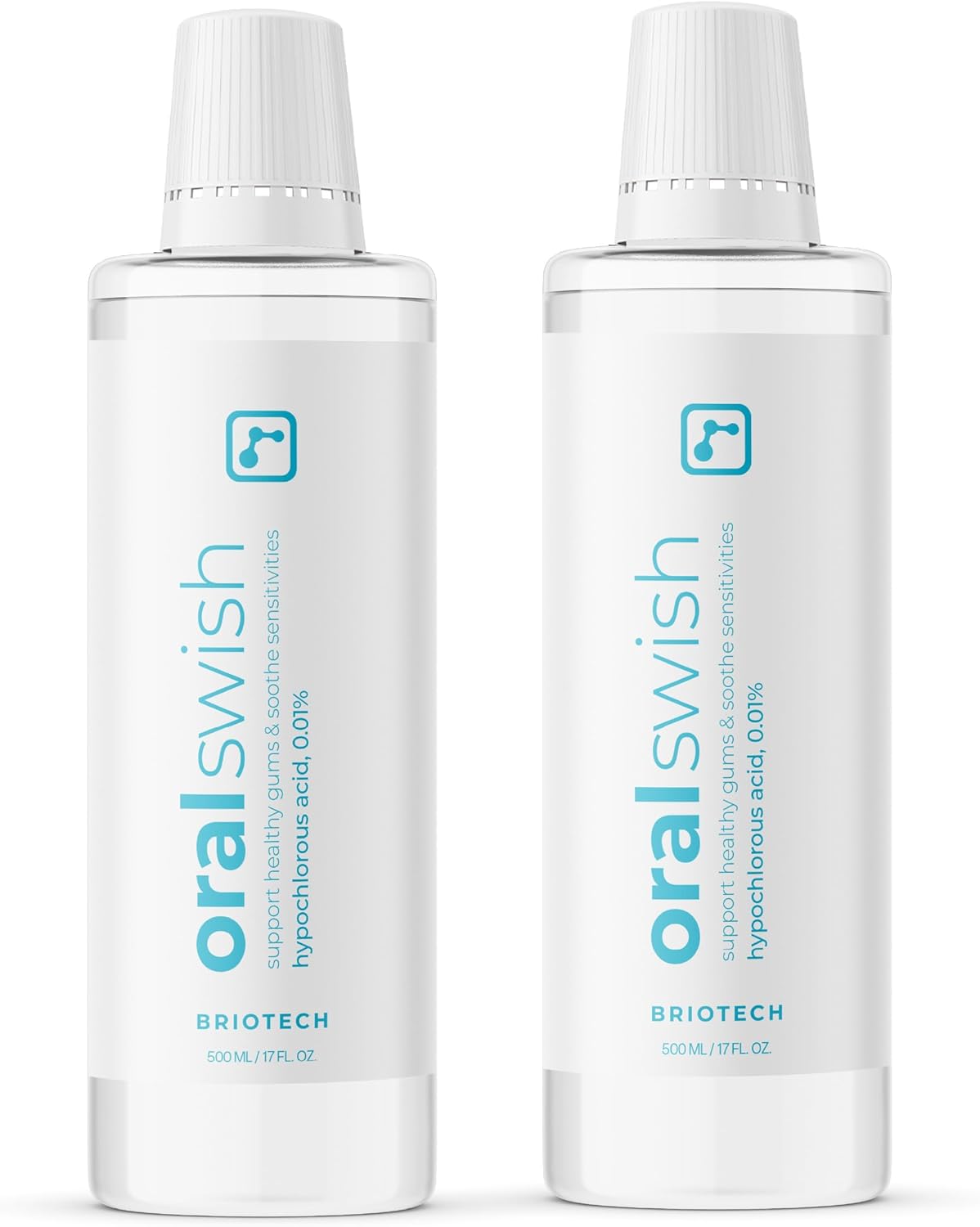 BRIOTECH Oral Swish, Hypochlorous Acid Mouthwash Rinse, Gentle Oral Care Hygiene, Fight Bad Breath, Support Against Plaque, Gum Irritation & Tender Gums, Alcohol & Fluoride Free, 17 fl oz (2 Pack)
