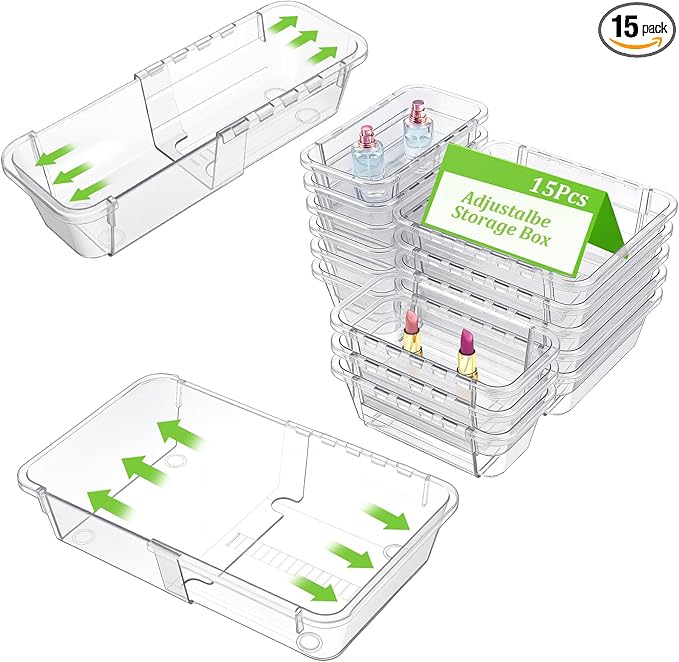 15-Piece Extendable Drawer Organizer Set, 2-Size Adjustable Clear Plastic Storage Bins for Bathroom Vanity, Makeup, Kitchen Utensils & Office Supplies
