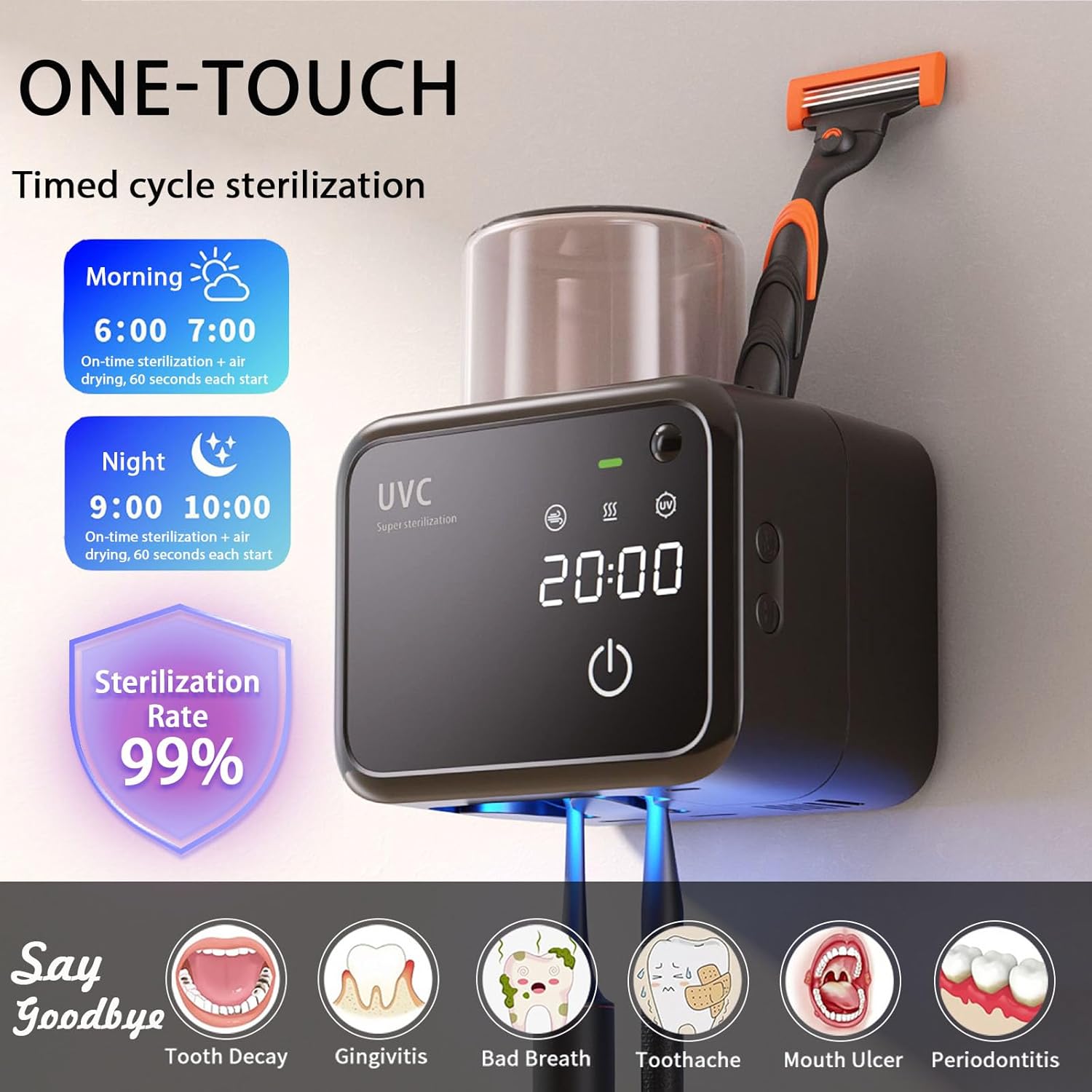 Bathroom Toothbrush Holders-2 Slots 1 Cup,Electric Toothbrush Holder with Constant Temperature Drying, Timed Cleaning, Air Drying, Rechargeable Wall-Mounted Toothbrush Holder with 4000mAh (Black)