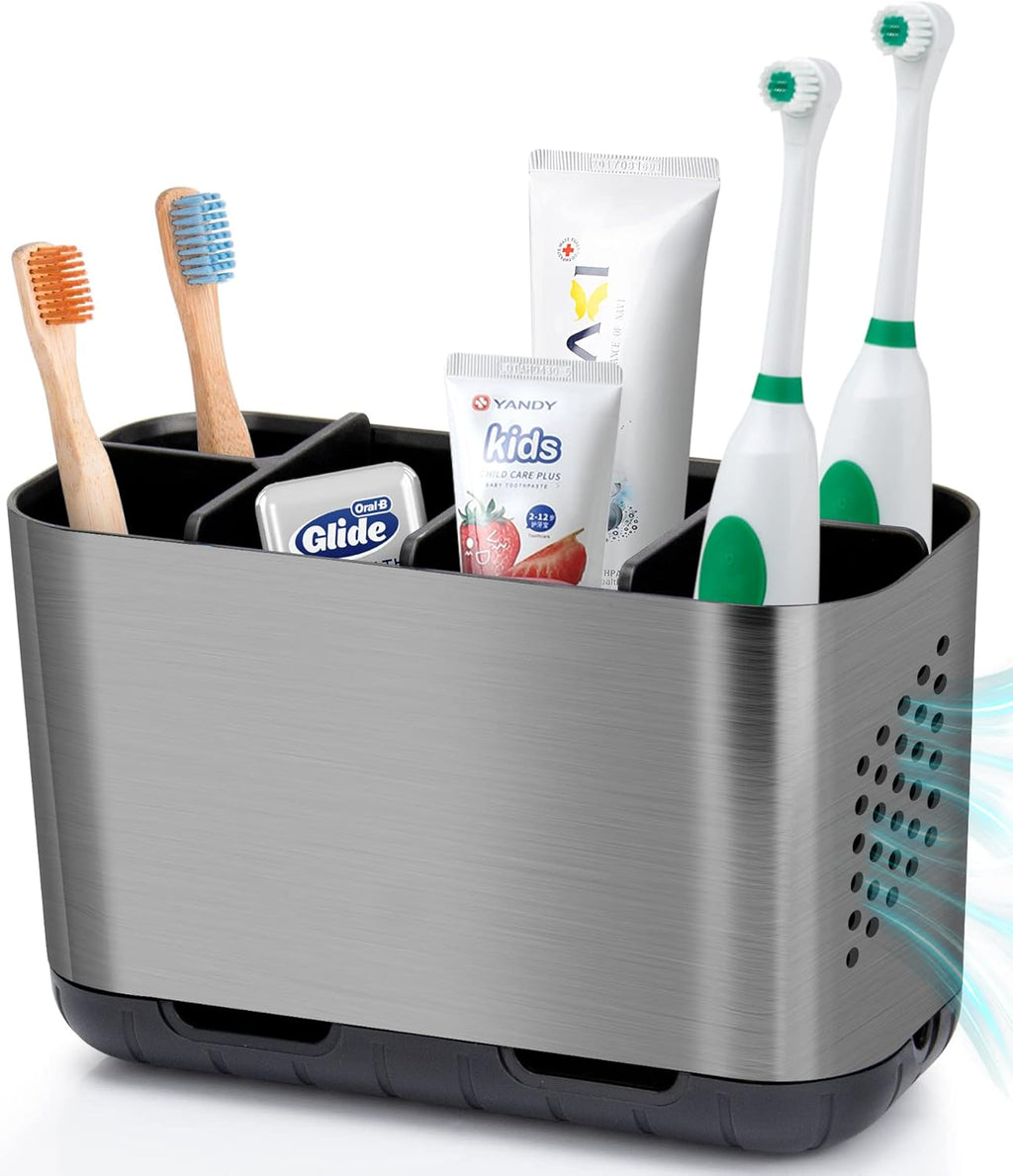 Boperzi Toothbrush and Toothpaste Holder Brushed Nickel Drainage for Bathroom Vanity, Large Electric Toothbrush Storage Caddy Anti-Slip Rustic with Adjustable Dividers for Family, Kids