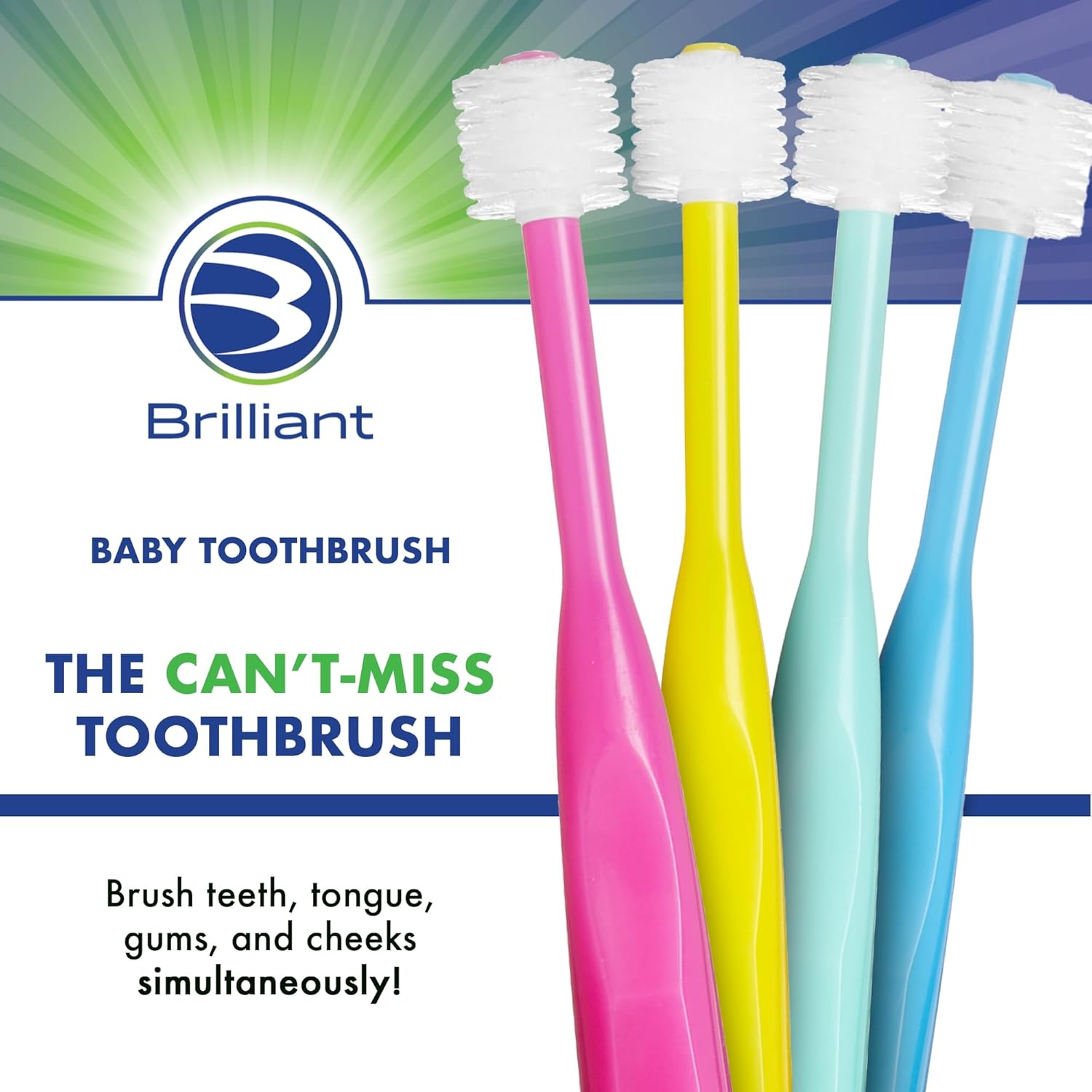 Brilliant Oral Care Baby Toothbrush with Soft Bristles and Round Head, for a Toddler Approved, Easy to Use All-Around Clean Mouth, Ages 0-2 Years, Blue Mint Yellow, 3 Pack