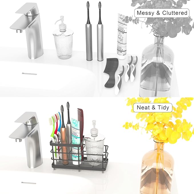 Toothbrush Holder for Bathroom, Stainless Steel Multi-Functional 6 Slots Toothbrush Razor Holder Bathroom Accessories Organizer, Black, L