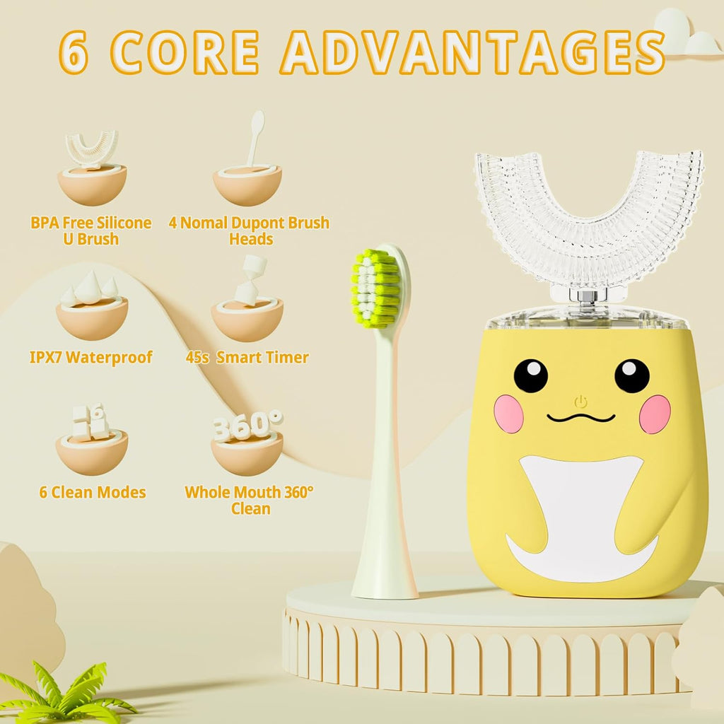 Kids Electric U Shaped Toothbrush Children Rechargeable Sonic Toothbrush with 6 Soft Brush Head Automatic Full Mouth 6 Cleaning Modes -Age2-7 Yellow