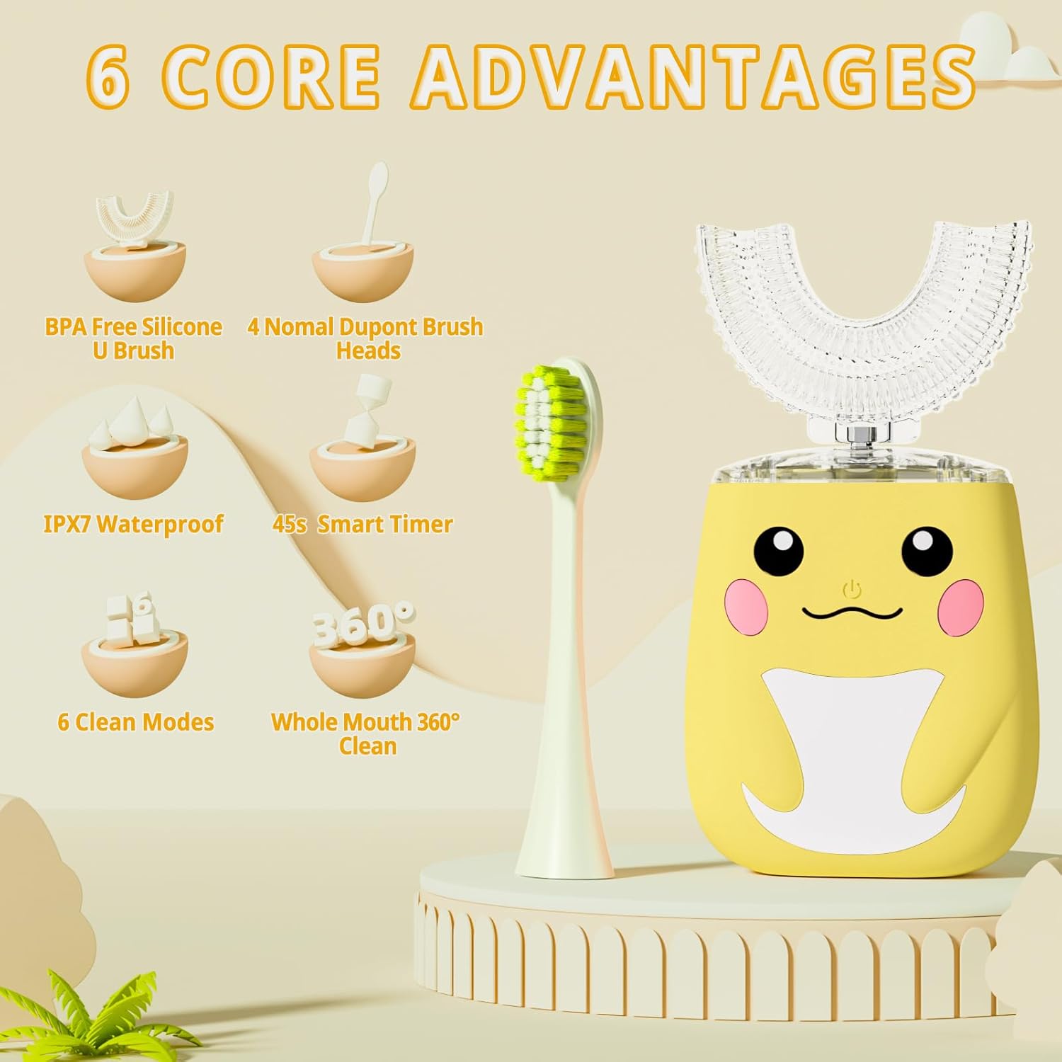 Kids Electric U Shaped Toothbrush Children Rechargeable Sonic Toothbrush with 6 Soft Brush Head Automatic Full Mouth 6 Cleaning Modes -Age8-15 Yellow