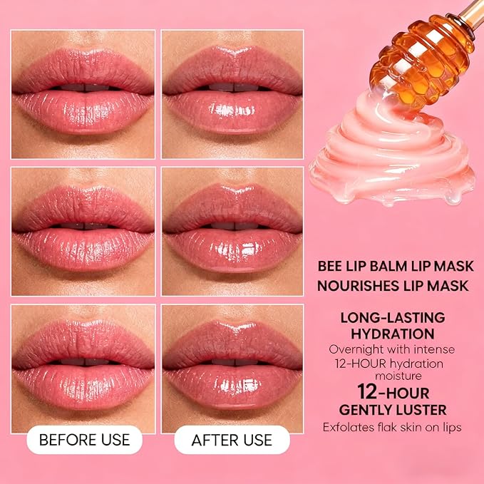 8 PCS Bee Lip Balm Lip Mask Honey Pot,Honey Lip Balm Bulk,Strawberry,Watermelon,Apple Lime,Cherry,Mint, Grapes&Peach Flavors,Sleeping Mask Overnight with Stick,Hydrating Prevention Dry&Cracked