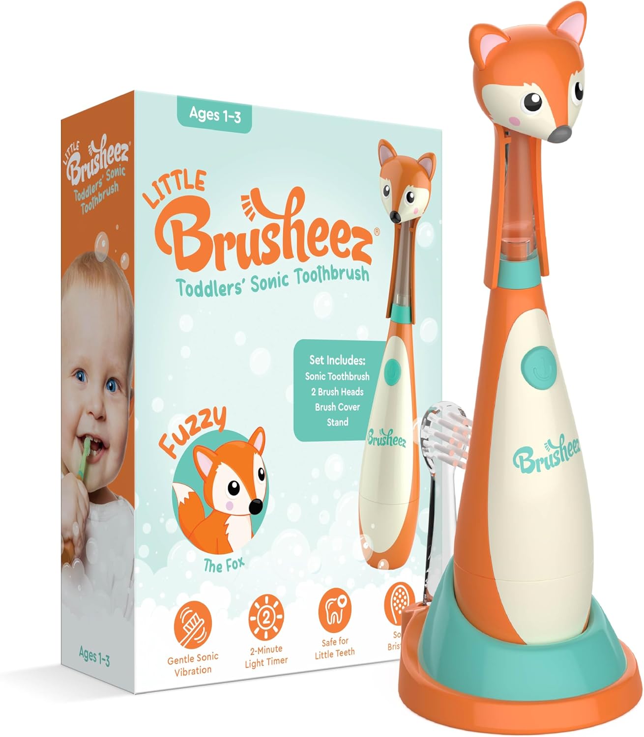 Brusheez Little Toddlers’ Sonic Toothbrush - Safe & Gentle Toothbrush for Ages 1-3 with Built-in, Light-Up 2-Minute Timer, Extra Brush Head, & Storage Base for First-Time Brushers (Fuzzy The Fox)