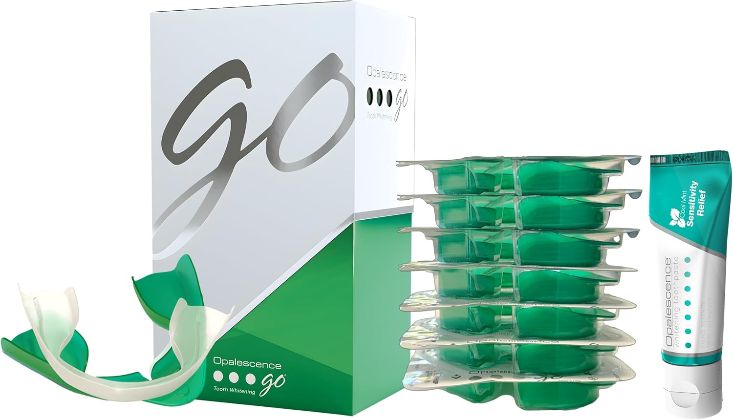 Opalescence GO 15 Whitening Bundle - (7 Treatments) Hydrogen Peroxide Prefilled Teeth Whitening Trays and Travel Sensitive Whitening Toothpaste 1 Oz - Mint Flavor- Includes a Toothbrush - 6288-1T