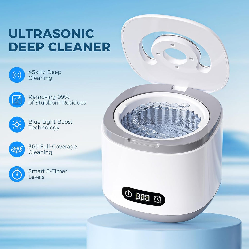 Ultrasonic Retainer Cleaner 200ml Capacity, 45kHz Sonic Dental Cleaning Machine, Ultrasonic Jewelry Cleaner Digital Timer, Retainer Cleaner Machine for Mouth Guard, Braces, Aligner, Toothbrush Head