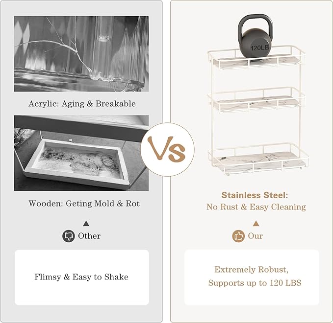 Bathroom Organizer Countertop Perfume Organizer Makeup Organizer Cosmetics Storage Display Rack Vanity Tray Dresser Stainless Steel Gold Shelf White Marble Ceramic Tray