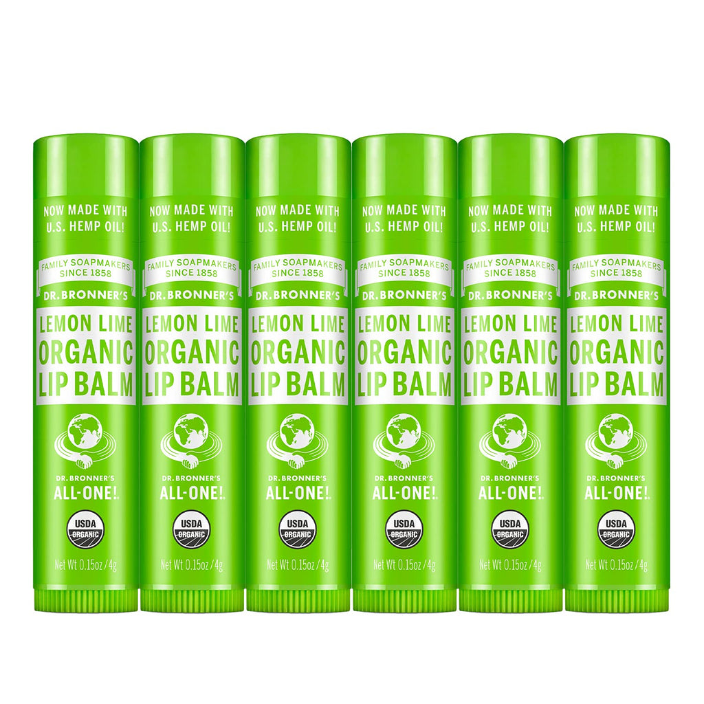Dr. Bronner’s Organic Lip Balm 6-Pack (.15oz) Natural, Moisturizinging, Petroleum-Free Lip Balm with Beeswax & Avocado Oil for Dry Lips, Men & Women - Lemon Lime