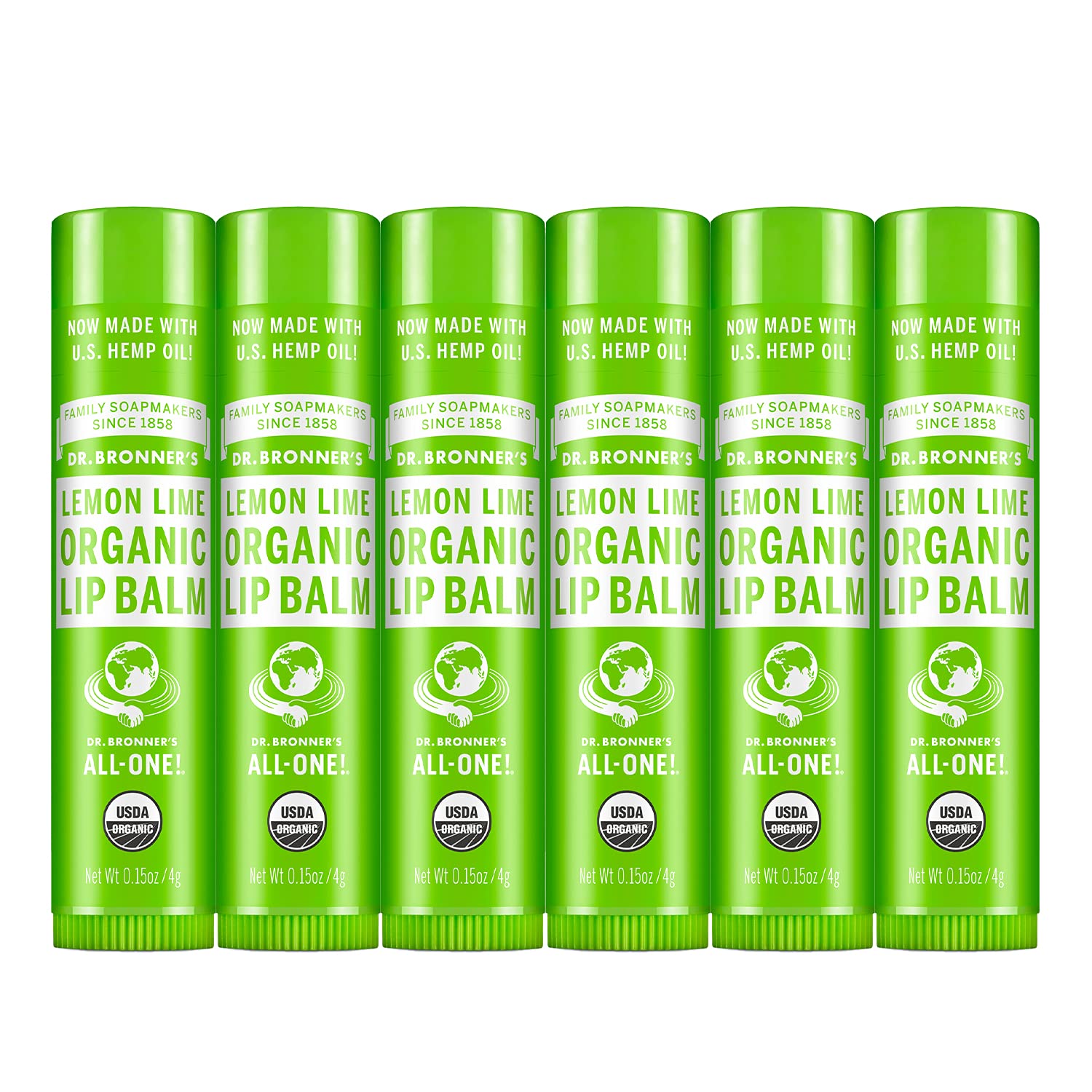 Dr. Bronner’s Organic Lip Balm 6-Pack (.15oz) Natural, Moisturizinging, Petroleum-Free Lip Balm with Beeswax & Avocado Oil for Dry Lips, Men & Women - Lemon Lime