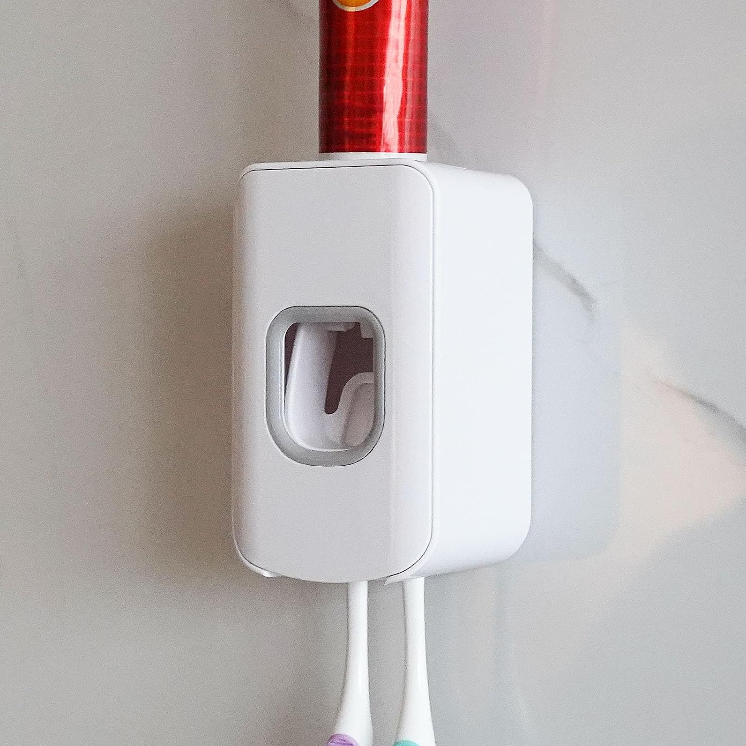 2 Slot Toothbrush Holder and Toothpaste Dispenser Wall Mounted, Automatic Toothpaste Squeezer, 2 in 1 Tooth Brush Toothpaste Organizer for Shower (White)