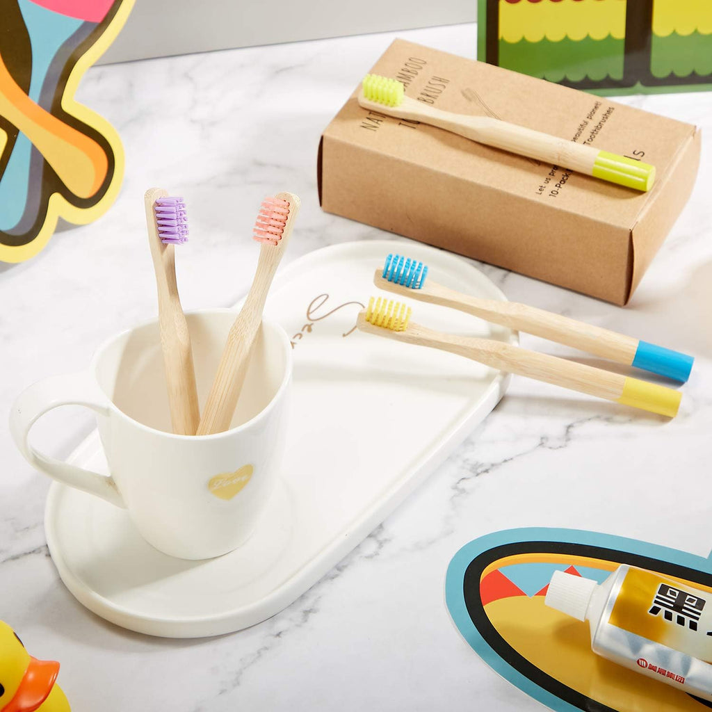 10 Piece Kids Bamboo Toothbrush Set - Natural Soft Bristle, Wooden, Toddler to Adult, Organic, BPA-Free, Colorful Travel Pack (Pack of 2)