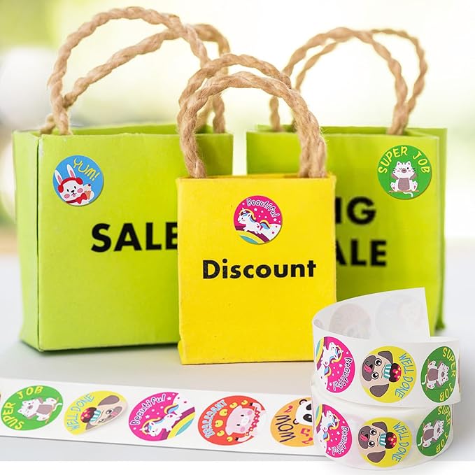 1000 Pcs Kid Stickers Animals, Stickers for Childens Teachers Students School Classroom in 16 Designs Motivational Stickers (1 Inch / 2 Rolls)
