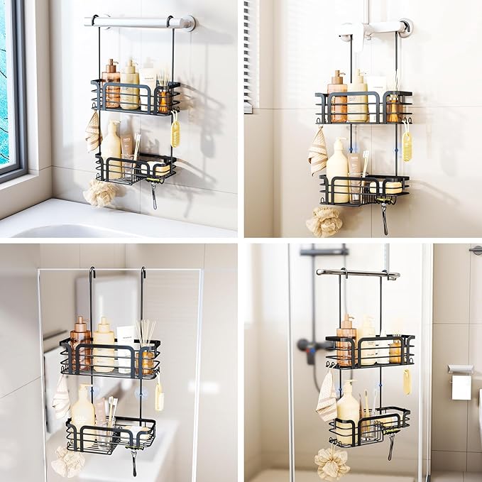SWTYMIKI Shower Caddy Hanging Organizer - Over the Door Shower Caddy with Soap Holder, 11 Hooks, 2 Installation Ways, Stainless Steel Rustproof Bathroom Organizer, Black