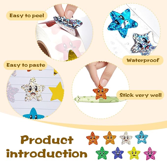 1000PCS Smiley Star Stickers for Kids Reward, 1 inch Holographic Star Stickers for DIY, Crafts, Behavior Chart, Student Planner, School and Classroom Teacher Supplies, 8 Colors