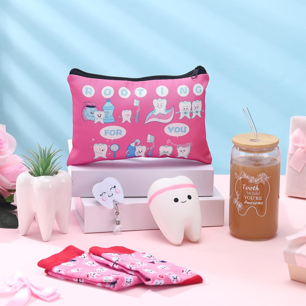 Pickmesh 6 Pcs Dental Gifts Nurse Assistant Hygienist Gifts 16 oz Glass Cups with Lid Makeup Bag Smiling Tooth Shape Felt Badge Holder Ceramic Pen Toothbrush Pot for Women Coworkers (Pink)