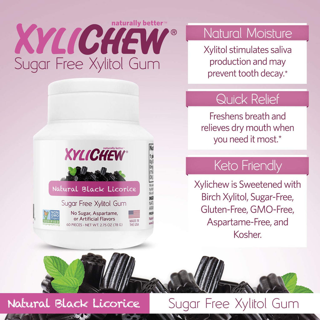Xylichew 100% Xylitol Chewing Gum - Non GMO, Non Aspartame, Gluten Free, and Sugar Free Gum - Natural Oral Care, Relieves Bad Breath and Dry Mouth - Licorice, 240 Count