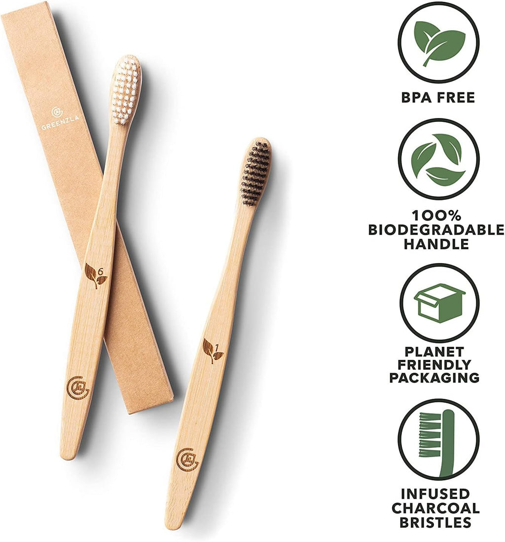 Greenzla Bamboo Toothbrushes for Adults – 12 Pack Wooden Toothbrush Set with Charcoal-Infused Soft Bristles, Natural Oral Care for Daily Use