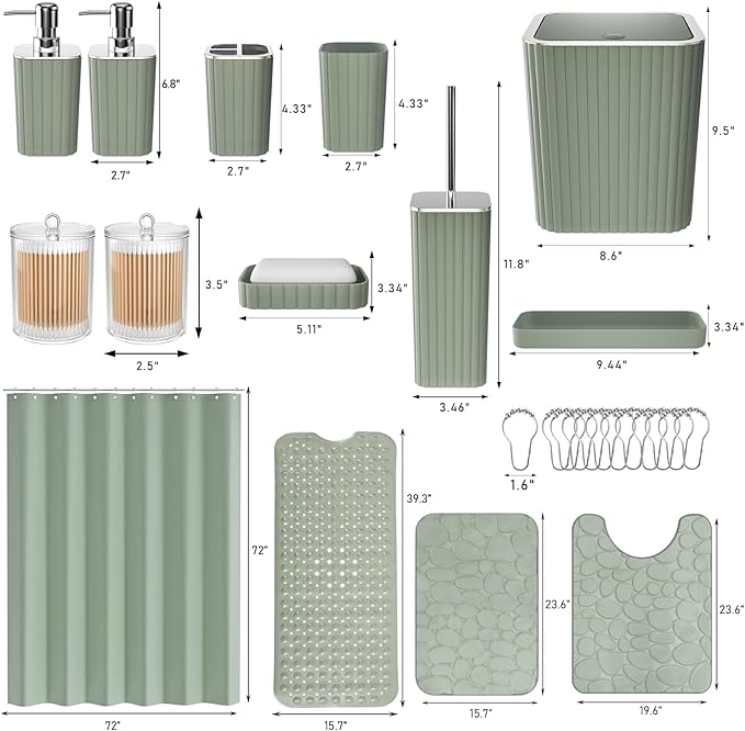 26PC Bathroom Accessories Set - Gorgeous Bathroom Set, Sage Green Bathroom Accessory Set, Shower Curtain Set with Bathtub Mats for Shower Tub, Trash Can & Soap Dispenser
