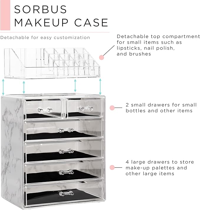 Sorbus Acrylic Makeup Organizer Set, 6-Drawer Vanity & Countertop Cosmetic Storage with Small & Wide Compartments, Marble Print Makeup Storage for Brushes, Jewelry – Holiday Gift for Women & Teens