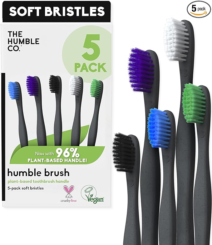 The Humble Co Plant-Based Soft Bristle Toothbrushes, 5 Pack - Manual Tooth Brush Set for Adults - Made with Plant Based Materials & BPA-Free Bristles - Dental Oral Care & Hygiene