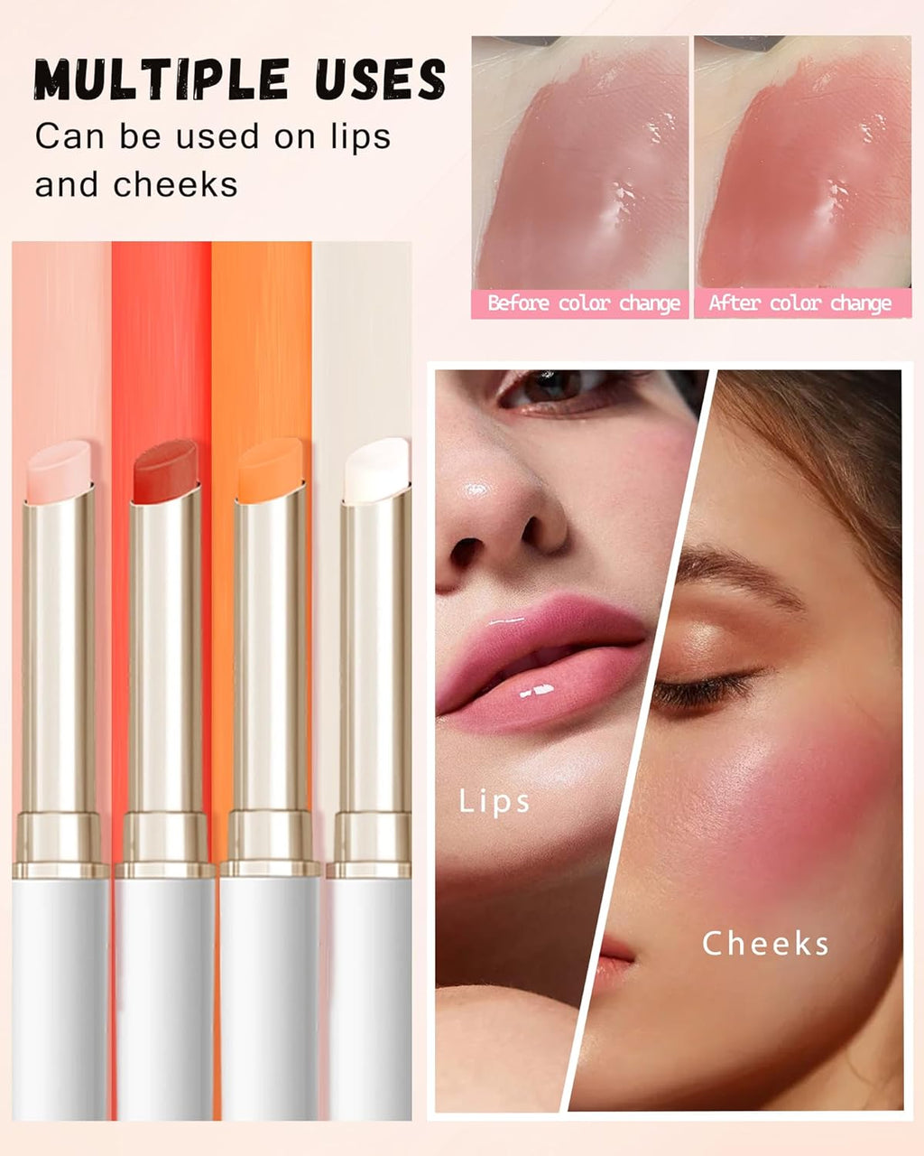 PH Color Changing Lipstick, Waterproof Temperature Color Change Lip Balm, Multi-Use Lip and Cheek Tinted Lip Gloss, Long-Lasting Hydrating Moisturizing Lip Tint, Festival Makeup Gift for Women-02 Red