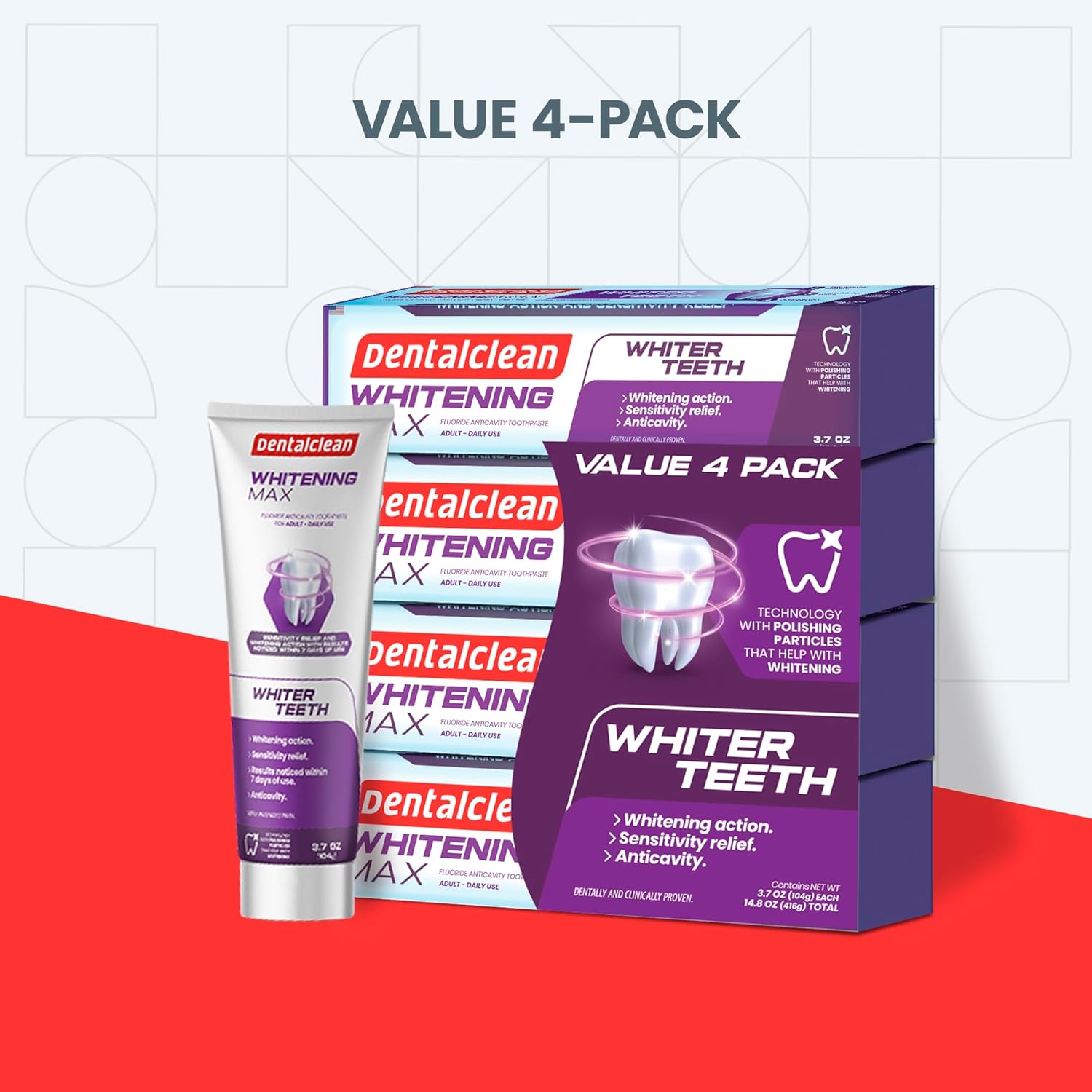 Pack of 4 Whitening Max Toothpaste Gel - Removes Stains and Restores Natural Teeth Color - Mint Flavor, 1100 PPM Fluoride, Protection for Sensitive Teeth - 3.7 oz 104g