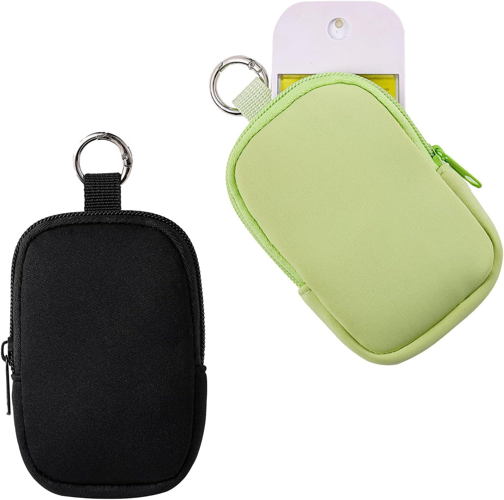 2Pcs Small Makeup Bag, Mini Portable Travel Cosmetic Bag, Soft Neoprene Makeup Pouch with Zipper, Fashion Accessory with Snap Hook, Cute Coin Purse Lipstick Cosmetic Travel Organizer(Black+ Green)